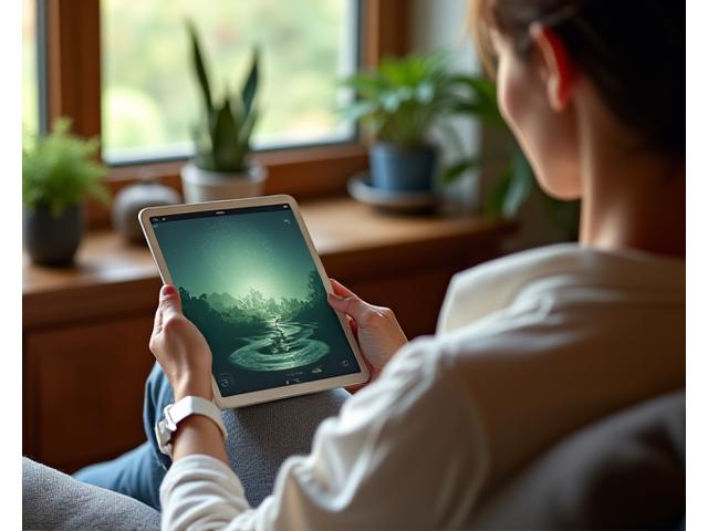 Persona de mediana edad interactuando serenamente con una tablet, rodeada de plantas, simbolizando un equilibrio saludable con la tecnología