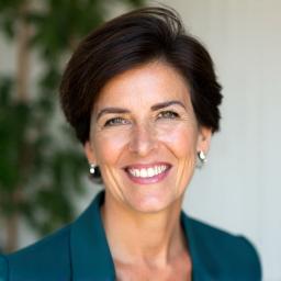 Retrato de Ana García, experta en mindfulness y reducción de estrés, sonriendo y con un fondo suave y natural